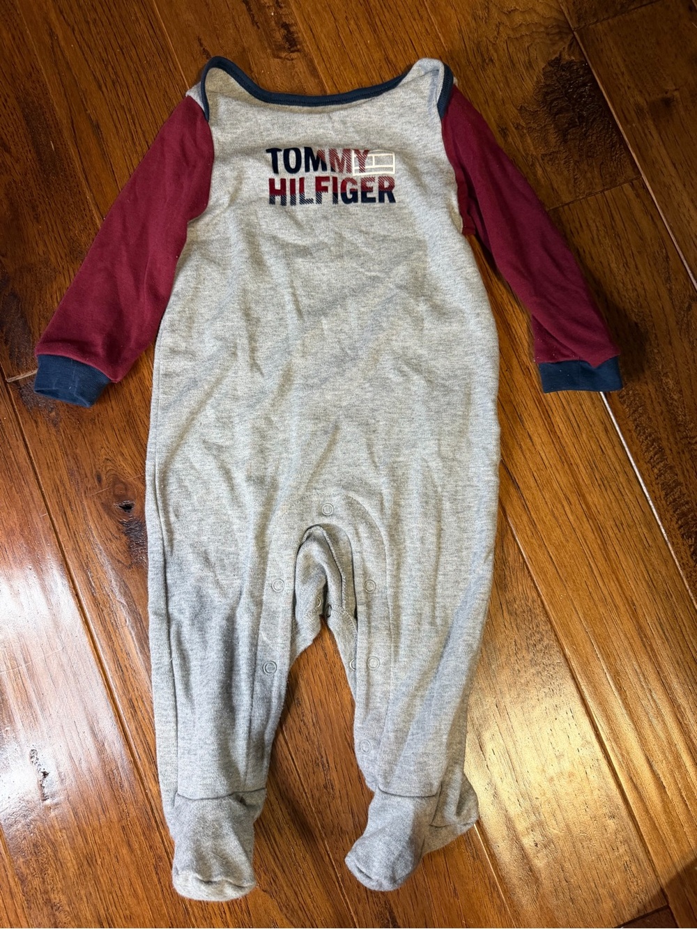 Tommy Hilfiger Gray Footed One-Piece with Burgundy Sleeves